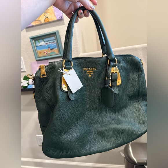 Prada Handbags - Prada Vitello Daino Leather Bauletto Satchel – Forest Green, Gold Hardware